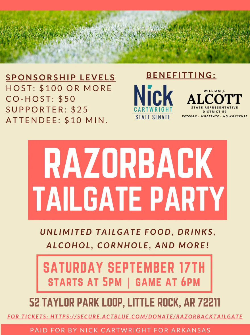 nick cartwright razorback tailgate party fundraiser sept 17 5 pm